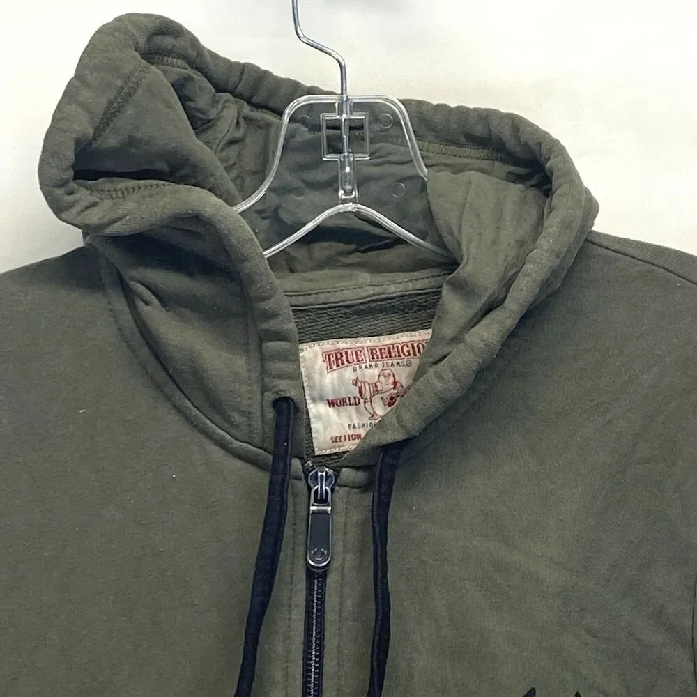 True Religion M Hoodie Budda World Tour Logo Full Zip Olive Green Y2K Vintage
